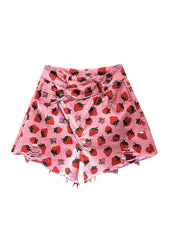 Cute Pink Strawberry Print Pockets Denim Shorts