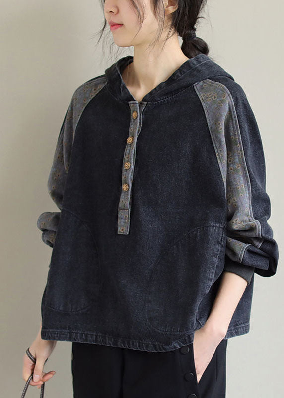 DIY Black Hooded Patchwork Pockets Denim Tops