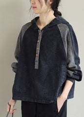 DIY Black Hooded Patchwork Pockets Denim Tops