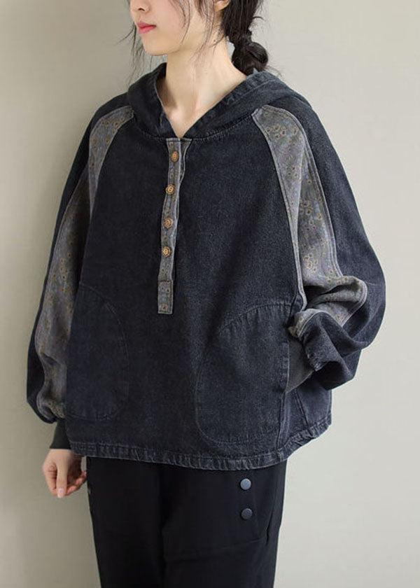 DIY Black Hooded Patchwork Pockets Denim Tops