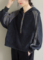 DIY Black Hooded Patchwork Pockets Denim Tops