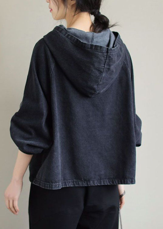 DIY Black Hooded Patchwork Pockets Denim Tops