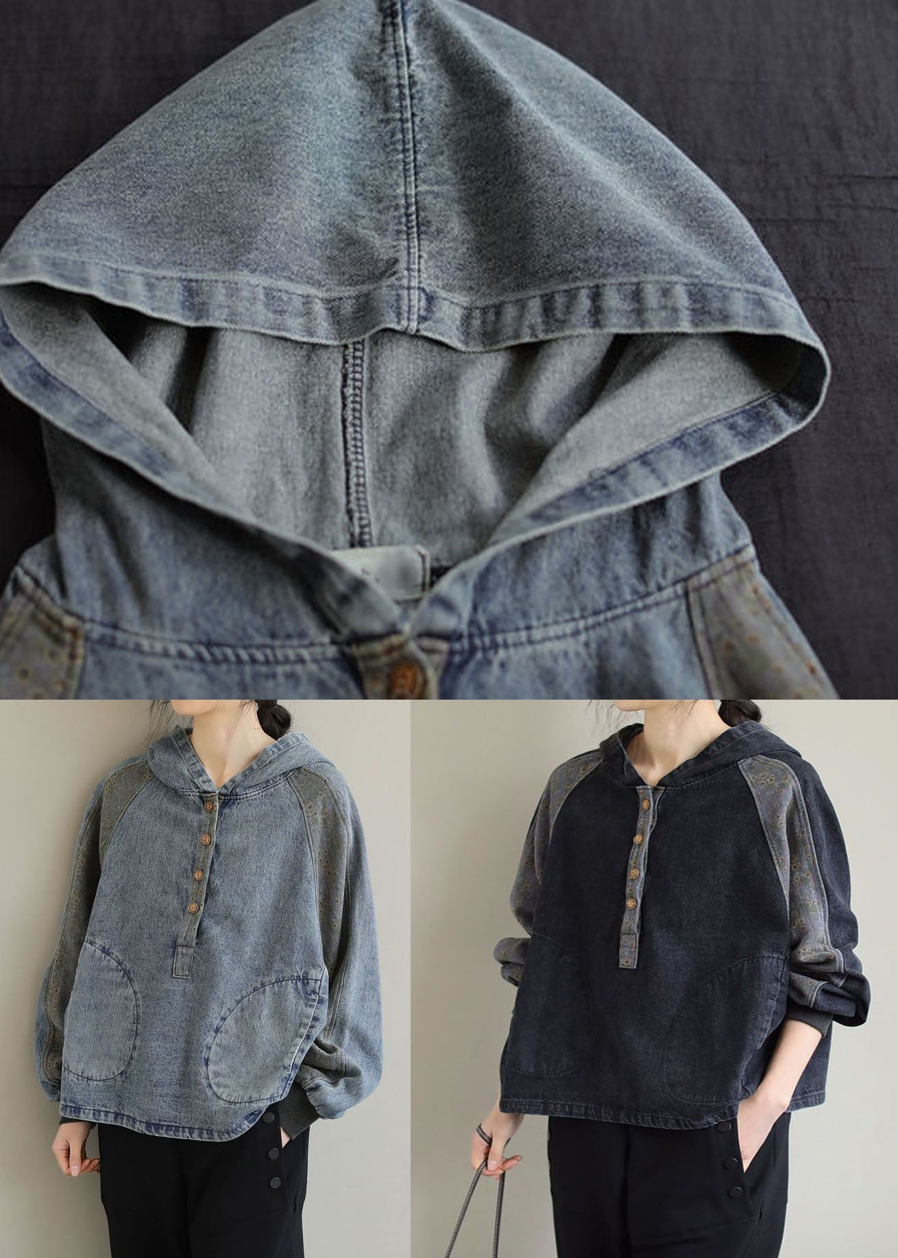 DIY Black Hooded Patchwork Pockets Denim Tops