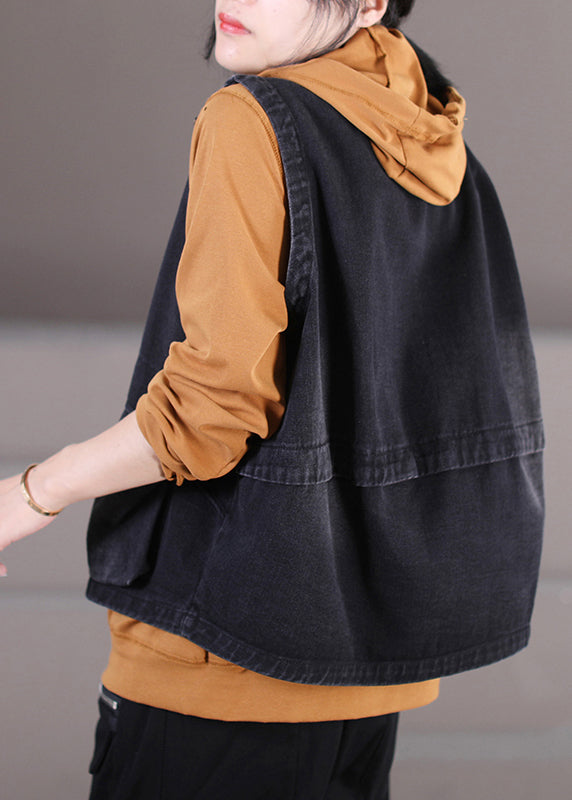 DIY Black Stand Collar Drawstring Patchwork Zippered  Denim Coat Fall