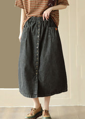 DIY Black Wrinkled Pockets Elastic Waist Patchwork Denim Skirt