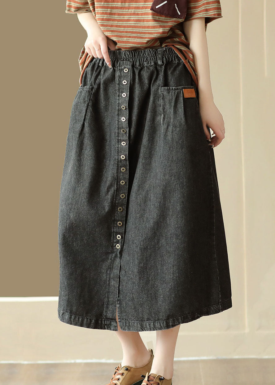 DIY Black Wrinkled Pockets Elastic Waist Patchwork Denim Skirt