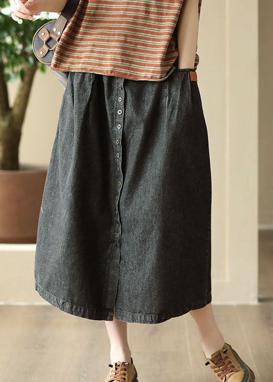 DIY Black Wrinkled Pockets Elastic Waist Patchwork Denim Skirt