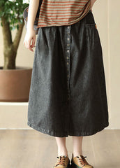 DIY Black Wrinkled Pockets Elastic Waist Patchwork Denim Skirt