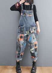 DIY Blue Pockets Print Patchwork Denim Jumpsuit