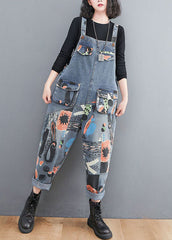 DIY Blue Pockets Print Patchwork Denim Jumpsuit