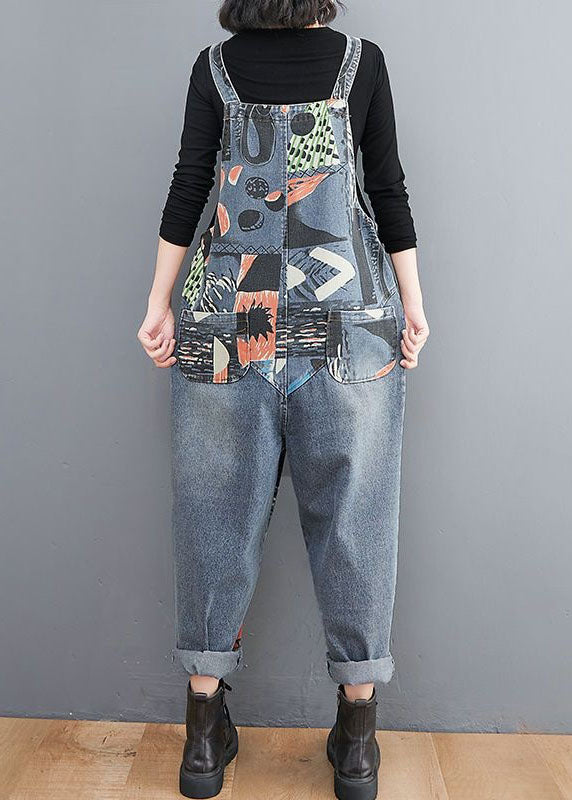 DIY Blue Pockets Print Patchwork Denim Jumpsuit