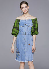 DIY Blue Slash Neck Embroideried Patchwork Cotton Denim Dress Lantern Sleeve