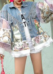 DIY Blue Tasseled Tulle Print Patchwork Denim Coat Lantern Sleeve