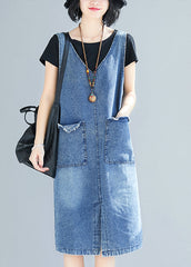 DIY Blue V Neck Pockets Side Open Denim Strap Dresses