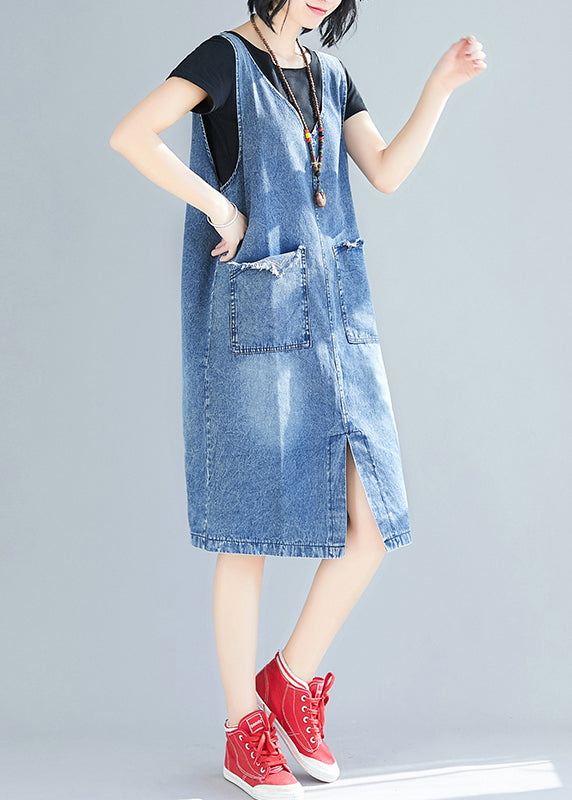 DIY Blue V Neck Pockets Side Open Denim Strap Dresses