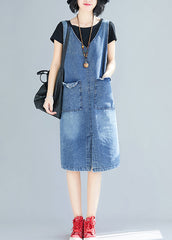 DIY Blue V Neck Pockets Side Open Denim Strap Dresses