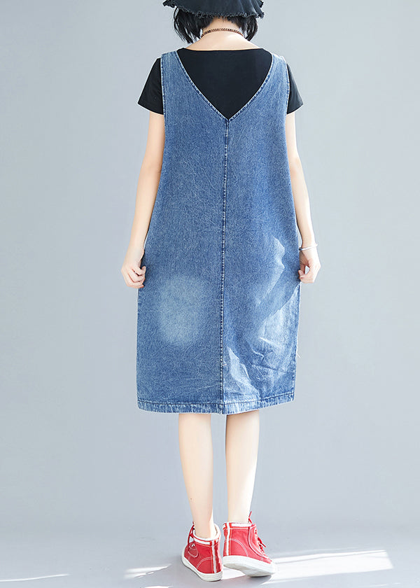 DIY Blue V Neck Pockets Side Open Denim Strap Dresses