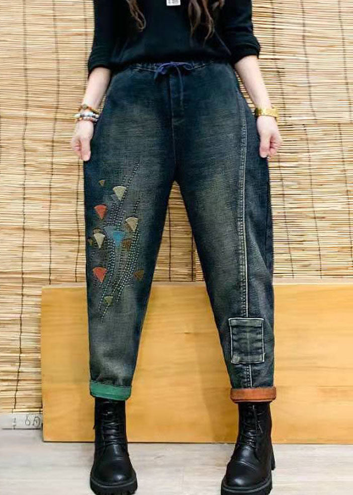 Pantalones vaqueros de algodón con bolsillos y cordón ajustable con cintura elástica y bloques de color para otoño
