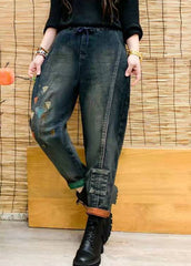 Pantalones vaqueros de algodón con bolsillos y cordón ajustable con cintura elástica y bloques de color para otoño