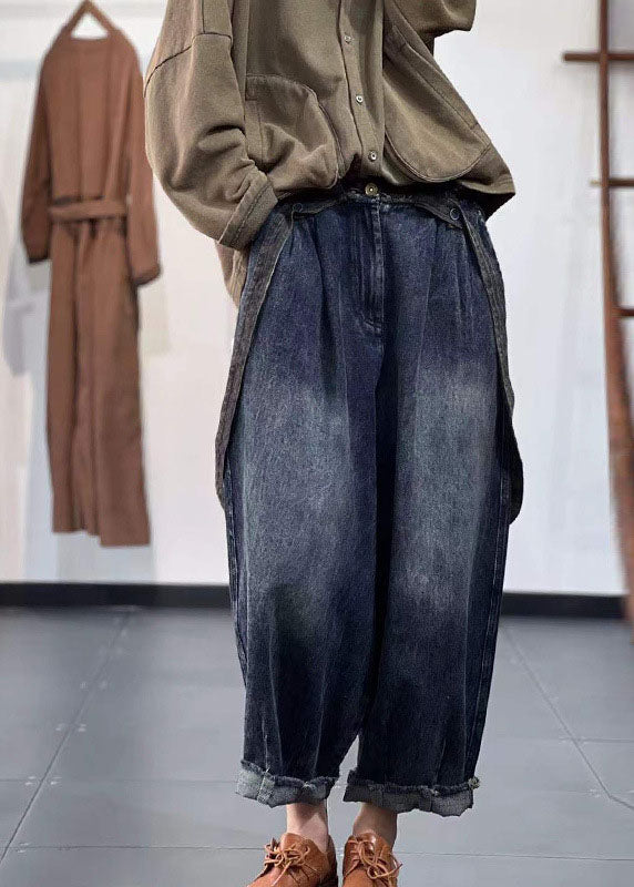 Pantalones harén de algodón con bolsillos y cintura elástica de color azul denim hechos a mano