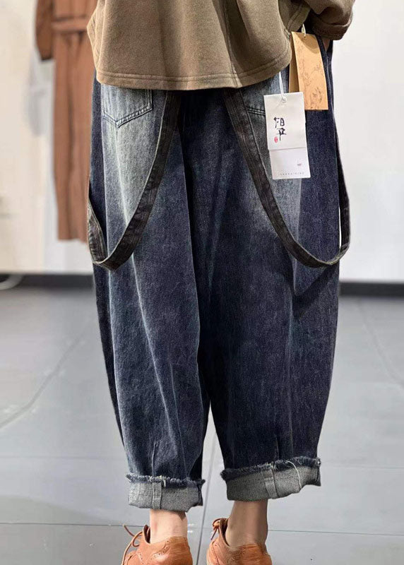 Pantalones harén de algodón con bolsillos y cintura elástica de color azul denim hechos a mano