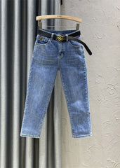 DIY Denim Blue High Waist Sashes Crop Pants