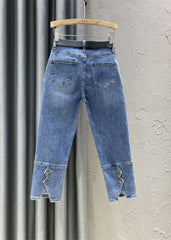 DIY Denim Blue High Waist Sashes Crop Pants