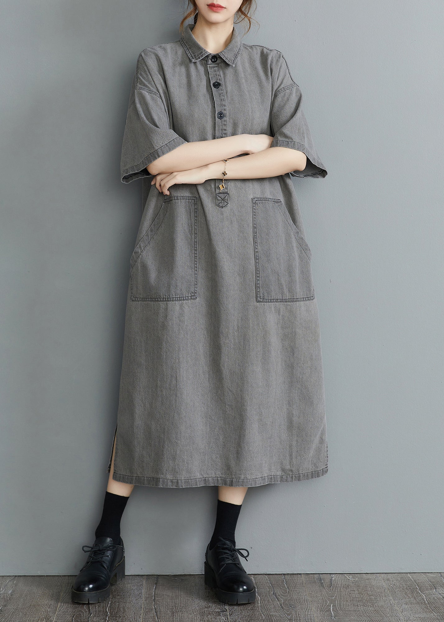 DIY Grey Oversized Pockets Side Open Denim Vacation Dress