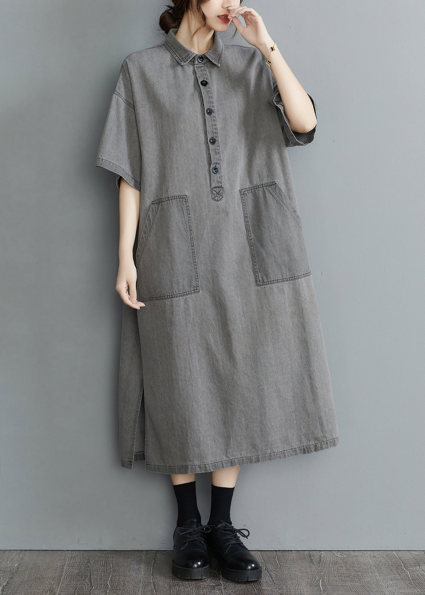 DIY Grey Oversized Pockets Side Open Denim Vacation Dress