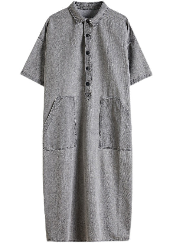 DIY Grey Oversized Pockets Side Open Denim Vacation Dress