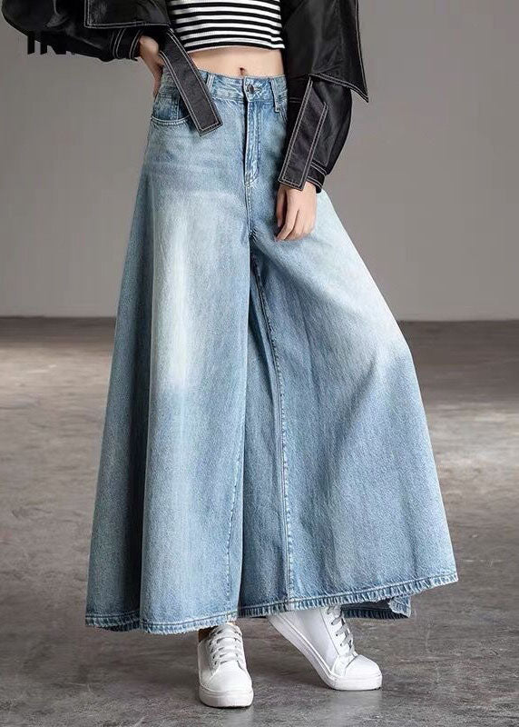 DIY Light Blue-sunflower Pockets Casual Wide Leg Fall Denim Pants