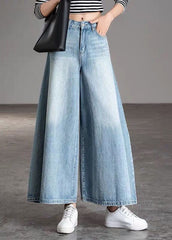 DIY Light Blue-chrysanthemum Pockets Casual Wide Leg Fall Denim Pants