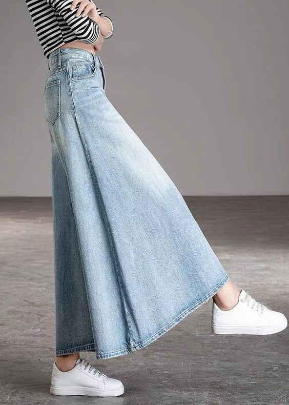 DIY Light Blue-chrysanthemum Pockets Casual Wide Leg Fall Denim Pants