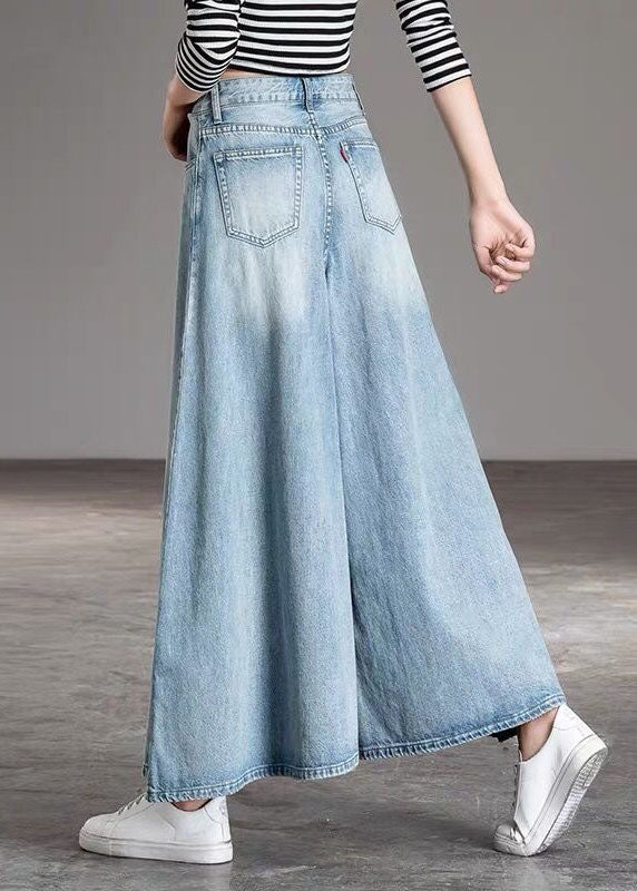 DIY Light Blue-chrysanthemum Pockets Casual Wide Leg Fall Denim Pants