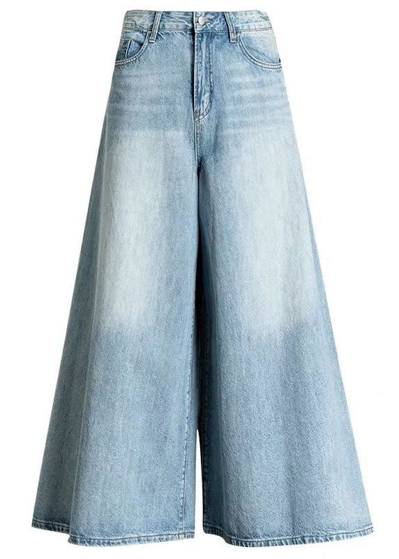 DIY Light Blue-chrysanthemum Pockets Casual Wide Leg Fall Denim Pants