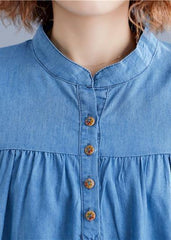 DIY denim blue cotton shirts stand collar embroidery blouse