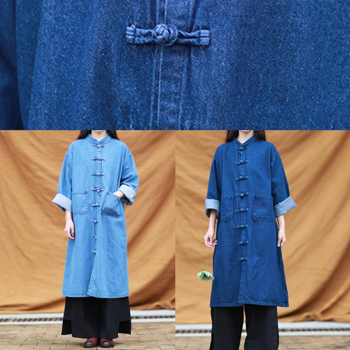 DIY denim blue tunic stand collar pockets Maxi Dress