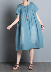 DIY o neck pockets Cotton short Sleeve denim blue Dress