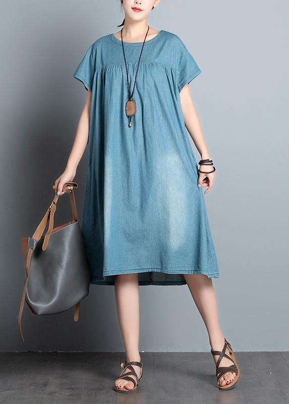 DIY o neck pockets Cotton short Sleeve denim blue Dress