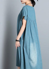 DIY o neck pockets Cotton short Sleeve denim blue Dress