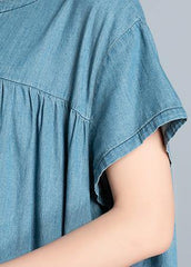 DIY o neck pockets Cotton short Sleeve denim blue Dress