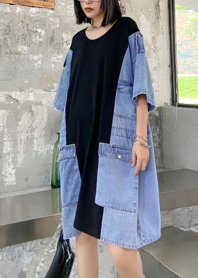 DIY o neck tunics for black patchwork denim blue Dresses