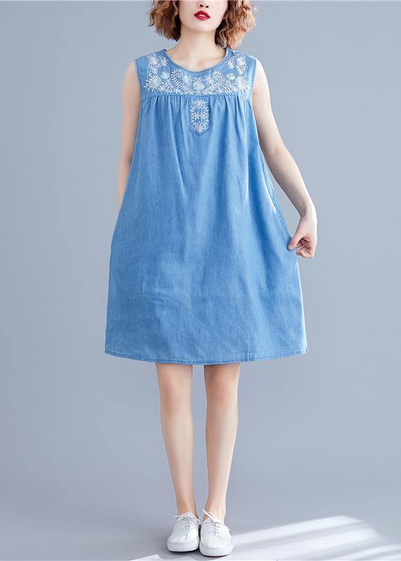 DIY sleeveless embroidery Cotton clothes Work denim blue Dresses