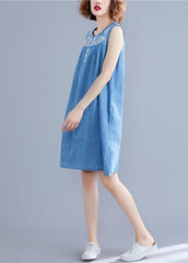 DIY sleeveless embroidery Cotton clothes Work denim blue Dresses