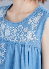 DIY sleeveless embroidery Cotton clothes Work denim blue Dresses