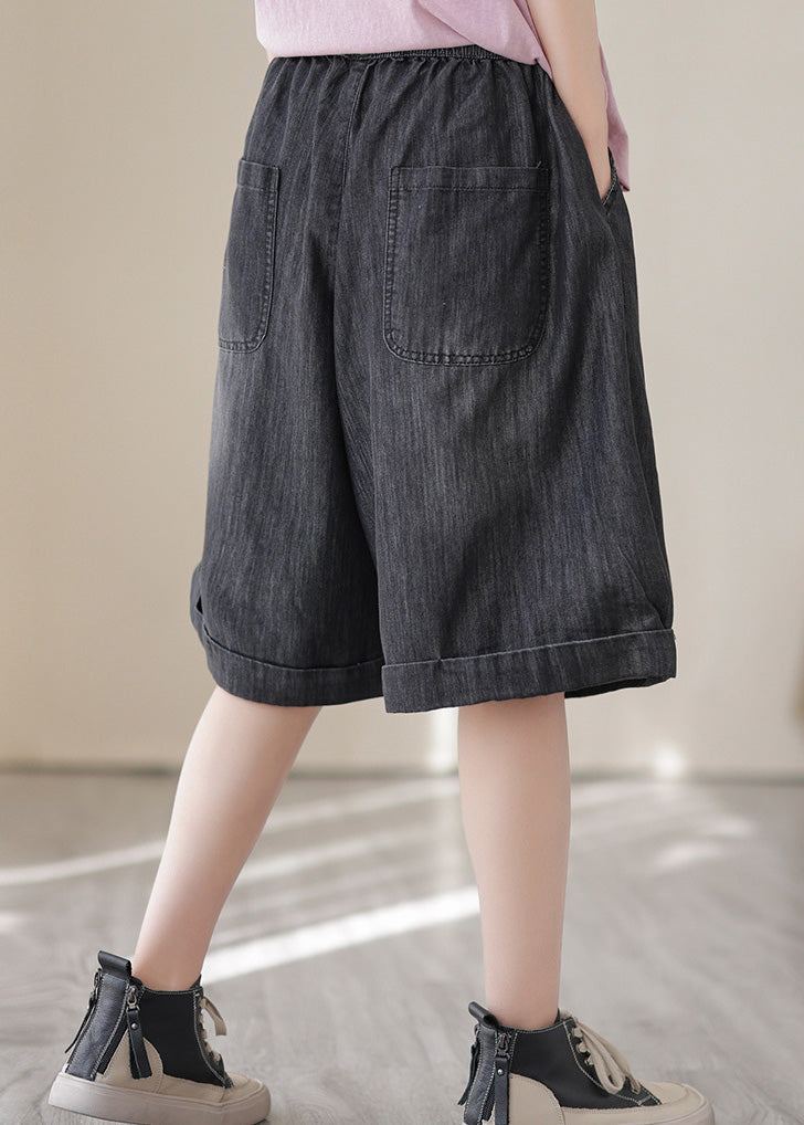Dark Blue Elastic Waist Cotton Denim Shorts