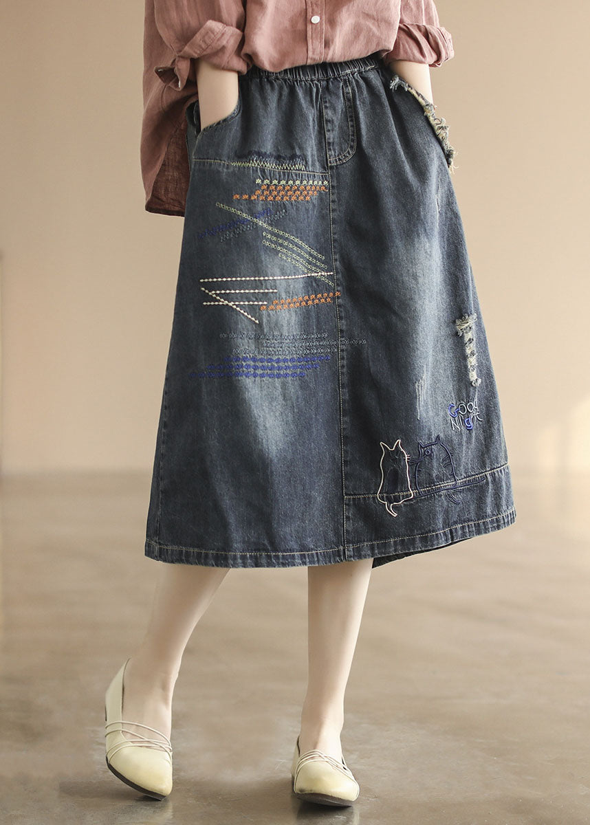 Dark Blue Elastic Waist Embroideried Cotton Denim Ripped Skirts