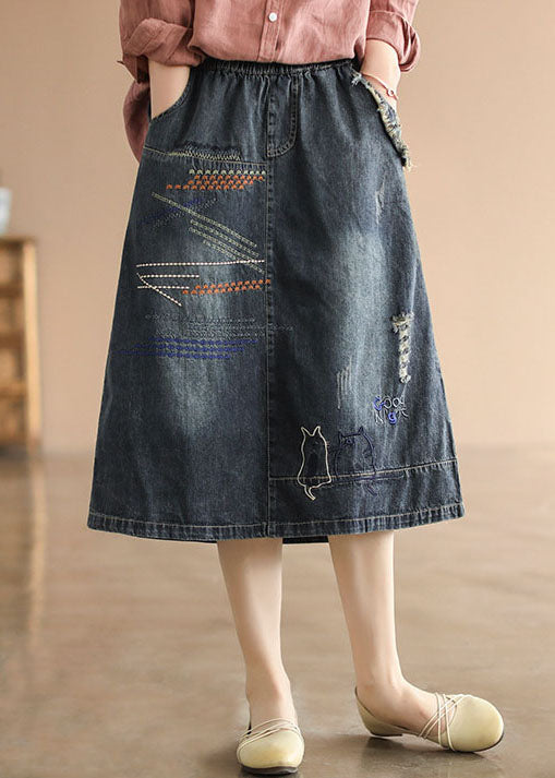 Dark Blue Elastic Waist Embroideried Cotton Denim Ripped Skirts