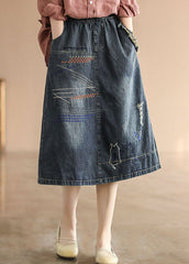 Dark Blue Elastic Waist Embroideried Cotton Denim Ripped Skirts