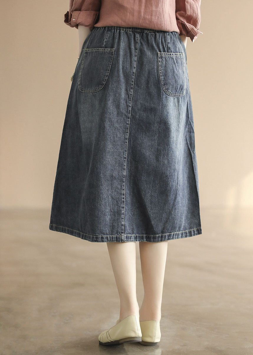 Dark Blue Elastic Waist Embroideried Cotton Denim Ripped Skirts